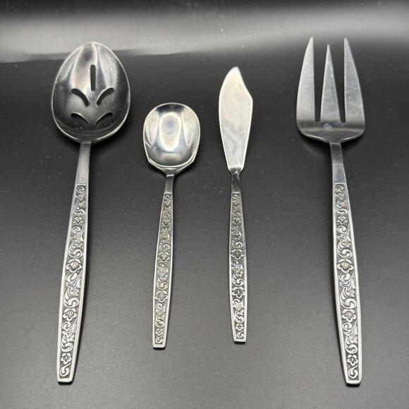 Northland Stainless Silverware Rendezvous Floral Design 4-Piece Serving Utensils - Picture 1 of 6